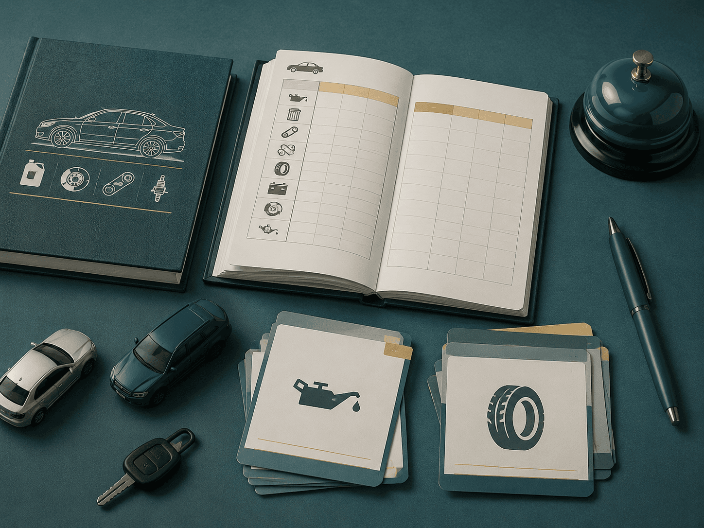 Car handbook, service ledger and reminder questions arranged on a desk